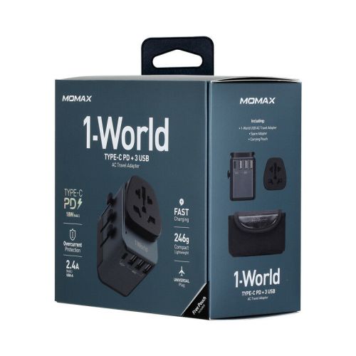 MOMAX 1-WORLD TYPE-C PD+3USB AC TRAVEL ADAPTER- BLACK