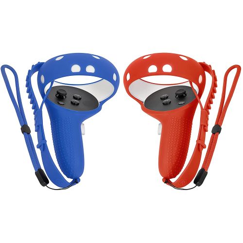 Tomsin Touch Controller Grip Cover for Oculus Quest 2, Anti-Throw Handle Silicone Sleeve Oculus Quest 2 Accessories with Adjustable Wrist Knuckle Strap (Left Blue and Right Red)