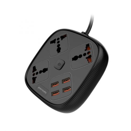 Porodo Power Socket 4USB Port With 3 Universal Power Sockets - Black