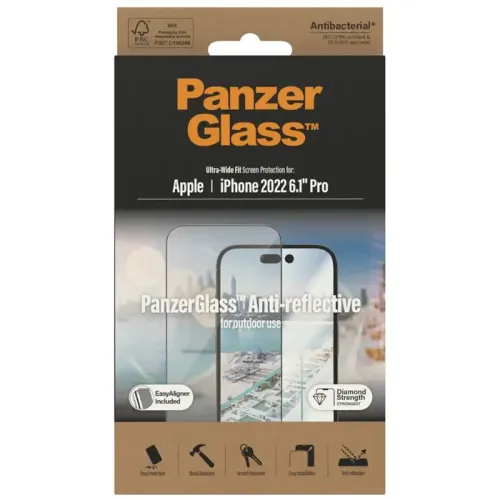 PanzerGlass iPhone 14 Pro (6.1inch) Antibacterial Tempered Glass, Ultra Wide Fit, Anti-Reflective