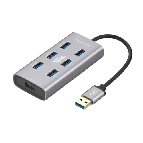 Promate EzHub-7 Aluminium Alloy Powered USB Hub, 7 USB 3.0 Ports, USB-C Adaptor