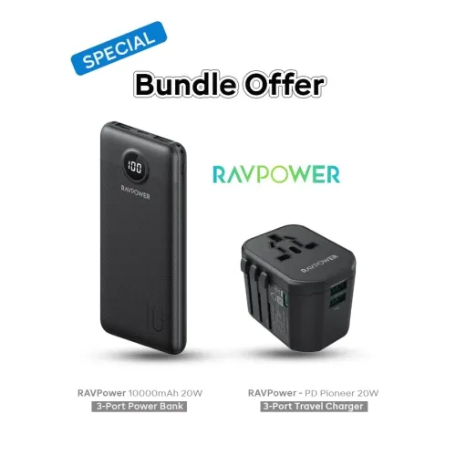 Ravpower Pd Pioneer 10000mah Power Bank With 20w 3-port Travel Charger Kit Set