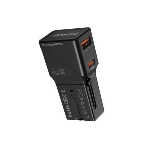 Promate Sleek Universal Power Plug With Power Delivery and Quick Charge Triplug-PD18 -Black