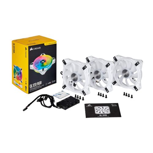 Corsair iCUE QL120 ARGB PWM White Fan - Triple Fan Kit with Lighting Node CORE