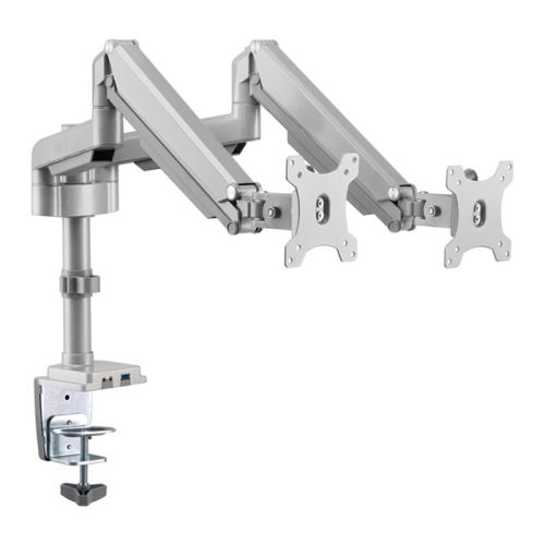 Gadgeton Pole-Mounted Dual Monitor Arm, Stand And Mount For Gaming And Office Use, 17" - 32", With USB Port Each - Silver