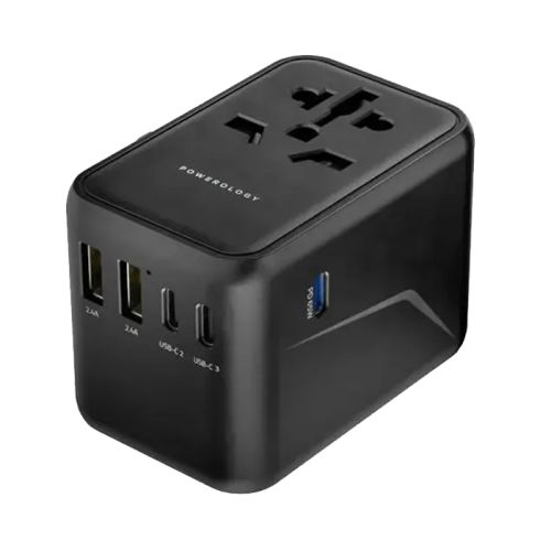 Powerology 65W PD Universal Multi-Port Travel Adapter With 3 USB-C Output 2 USB-A Ports - Black