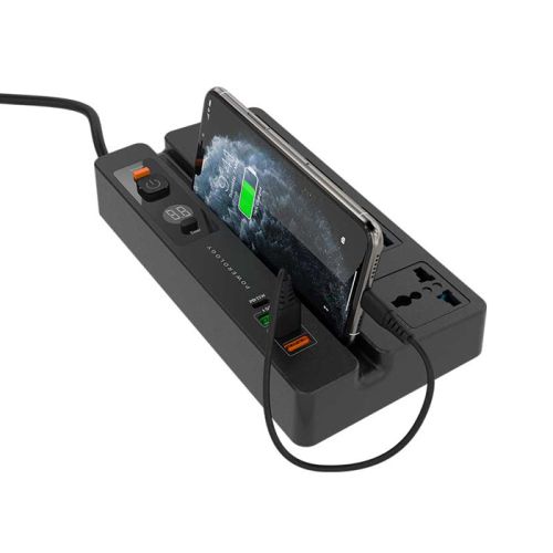 Powerology 4 AC 3 USB & USB-C PD 35W Multiport Socket with Phone Stand and Timer 3M - Black